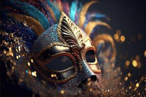realistisch luxe carnaval masker met blauw veren. abstract wazig achtergrond, goud stof, en licht Effecten. generatief ai