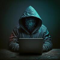 hacker gebruik makend van internet naar hack abstract computer server. met een kap aanvaller in laptop steelt persoonlijk gegevens. blauw gloed licht. generatief ai foto