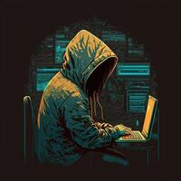 met een kap hacker met laptop Bij werk. symbool van de darknet en onwettig activiteiten Aan de internetten. generatief ai foto