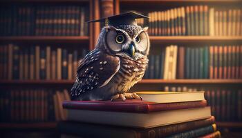 wijs uil vervelend diploma uitreiking pet tegen een stack van boeken Aan een tafel in een bibliotheek tussen de planken, generatief ai foto