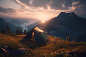 beeld van een mooi berg landschap met een kamp met een tent Bij zonsondergang in een berg vallei. gegenereerd ai. foto