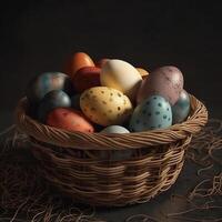 multi kleuren Pasen eieren in de geweven mand foto