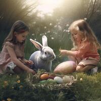 kinderen spelen met Pasen konijn een weide foto