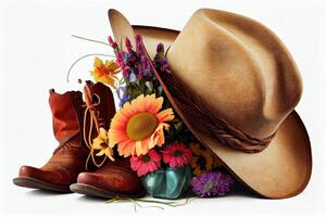 cowboy laarzen, hoed, en bloemen voor de veedrijfster. generatief ai. digitaal kunst illustratie foto
