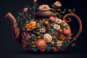 theepot met bloemen. generatief ai. digitaal kunst illustratie foto