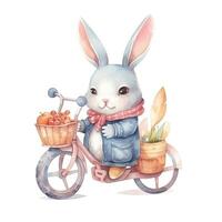 fiets, konijn, Pasen eieren. waterverf clip art, Aan een geïsoleerd achtergrond, in tekenfilm stijl. generatief ai foto