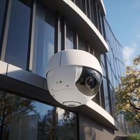 veiligheid, cctv camera's in de kantoor gebouw, en huis veiligheid systeem concept met vervagen achtergrond. buitenshuis cctv veiligheid camera geïnstalleerd Aan de gebouw muur in de stad. generatief ai foto