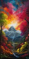 landschap illustratie in herfst met kleurrijk bomen en een berg Aan een blauw bewolkt lucht met groot bergen. generatief ai foto