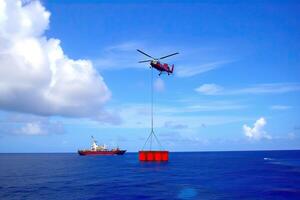 zoeken en redden operatie in zee. noodgeval redden helikopter vliegt over- zee oppervlak, op zoek voor slachtoffers na Botsing. gemaakt met generatief ai foto