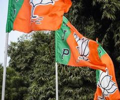 bharatiya janate partij vlag van Indisch politiek partij, bjp bhartiya jata partij vlag golvend gedurende p.m weg tonen in Delhi, Indië foto