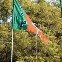 bharatiya janate partij vlag van Indisch politiek partij, bjp bhartiya jata partij vlag golvend gedurende p.m weg tonen in Delhi, Indië foto