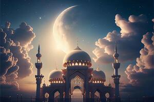 Ramadan kareem achtergrond, halve maan maan met moskee, Islamitisch eid mubarak voor moslim vakantie, eid-ul-adha festival viering, generatief ai. foto