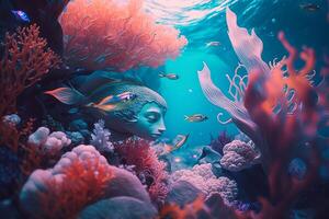 dromerig onderwater- wereld met levendig koraal riffen generatief ai foto
