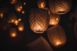 vieren nacht vliegend papier lampen lichten in de lucht generatief ai foto