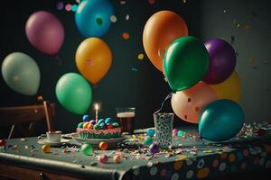 viering partij verjaardag taart met kleurrijk ballonnen generatief ai foto