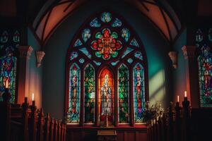 god tempel, kleurrijk kerk met hoog plafonds generatief ai foto