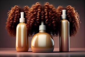 kunstmatig shampoo en gel flessen schoonheid reeks met zorg voor dik gekruld haar- illustratie generatief ai foto