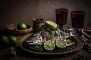 gegrild gebakken vis met citroen Aan bord laag licht, zee voedsel illustratie generatief ai foto