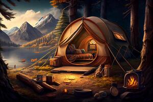 buitenshuis camping activiteiten met tenten illustratie generatief ai foto