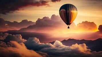 heet lucht ballon hoog in de wolken Bij oranje zon dageraad generatief ai foto