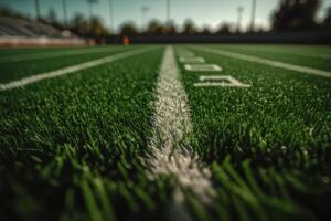 wit lijnen stadion markeringen Aan de stadion groen gazon generatief ai foto