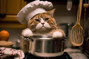 grappig kat in een chef hoed Koken voedsel in de keuken generatief ai foto