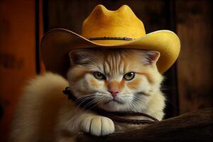 rood kat in een geel cowboy hoed, grappig kat illustratie generatief ai foto