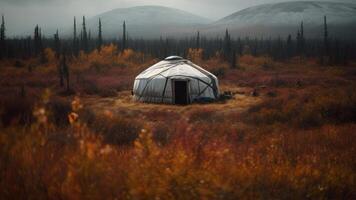 herfst yurt huis in toendra generatief ai foto