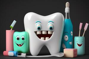 tand grappig karakter met tandenborstel tandheelkundig zorg, mondeling hygiëne illustratie generatief ai foto