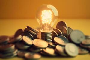 gloeiend lamp lamp met munten tarieven voor elektriciteit, betaling voor elektriciteit illustratie generatief ai foto