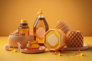 propolis flessen met bij extract schoonheidsmiddelen gebaseerd Aan bijenwas schoonheid huid zorg illustratie generatief ai foto