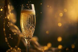 vieren vakantie bubbel koolzuurhoudend Champagne in bril en achtergrond met geel lichten bokeh generatief ai foto