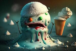 grappig sneeuwman aan het eten ijs crème illustratie generatief ai foto