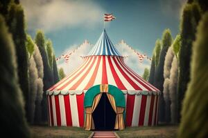 kleurrijk circus gestreept tent tegen de achtergrond van de zomer lucht generatief ai foto