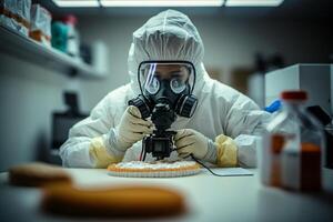 een wetenschapper in een beschermend chemisch uniform en in een masker studies de virus door een microscoop generatief ai foto