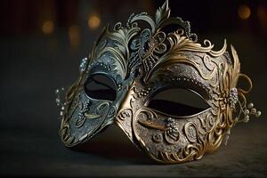 carnaval metaal vrouw masker in donker generatief ai foto