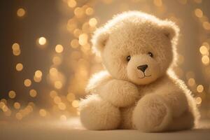 teddy beer Aan een achtergrond van glimmend bokeh lichten generatief ai foto