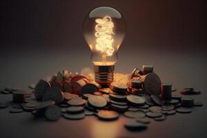 gloeiend lamp lamp met munten tarieven voor elektriciteit, betaling voor elektriciteit illustratie generatief ai foto