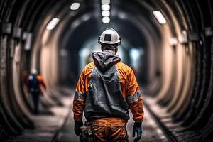 metro arbeider in een tunnel vervelend een reflecterende jasje en een veiligheid helm illustratie generatief ai foto