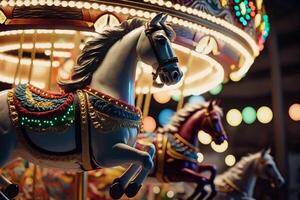 kinderen paard nacht carrousel, buitenshuis attractie in circus generatief ai foto