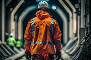 metro arbeider in een tunnel vervelend een reflecterende jasje en een veiligheid helm illustratie generatief ai foto