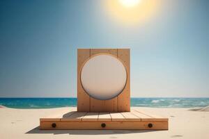 houten podium met leeg ruimte met zomer zon en strand generatief ai foto