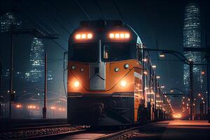 trein voorbijgaan door de nacht stad illustratie generatief ai foto