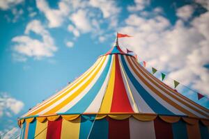 kleurrijk circus gestreept tent tegen de achtergrond van de zomer lucht generatief ai foto