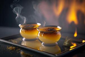 creme brulee in een wit bord, Frans room illustratie generatief ai foto