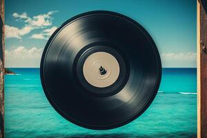 muziek- ronde vinyl Vermelding Aan de achtergrond van blauw water landschap generatief ai foto