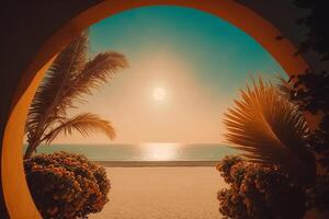 zonnig zomer strand met palm bomen en de zee en de stralen van de zon breken door de boog generatief ai foto