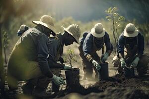 team planten bomen tegen ontbossing. generatief ai foto