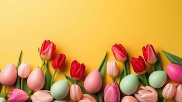 gelukkig Pasen concept met tulpen en decoratief eieren in divers kleuren foto