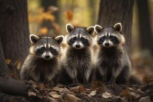drie schattig wasberen. generatief ai. foto